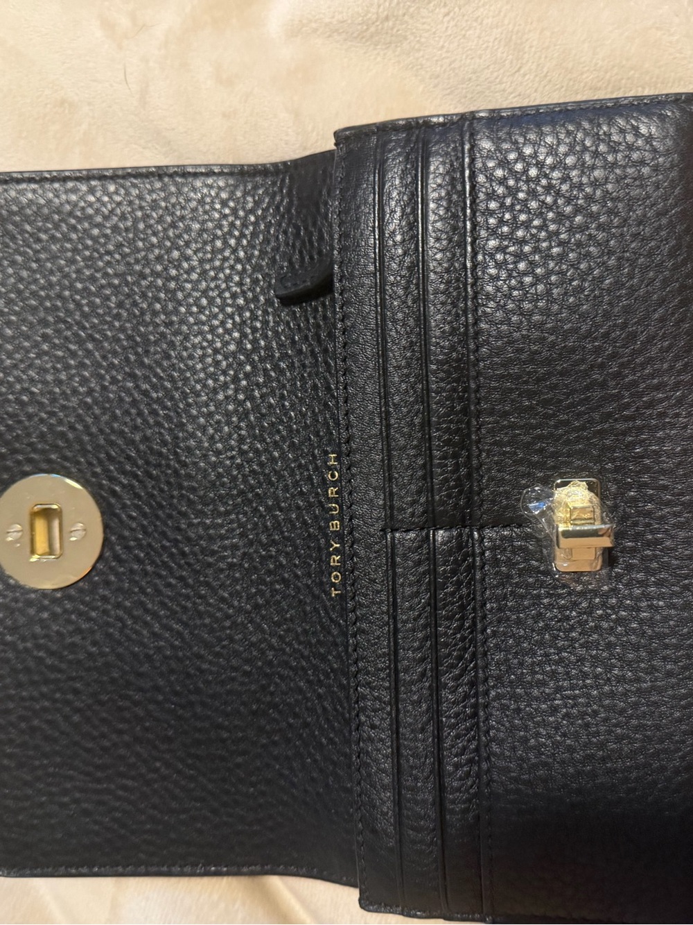 Tory Burch Black Pebbled Leather Cardholder Wallet with Gold Hardware